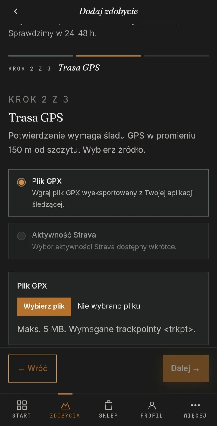Aplikacja Koronit — formularz nowego zdobycia, krok 2 z 3 (Trasa GPS)